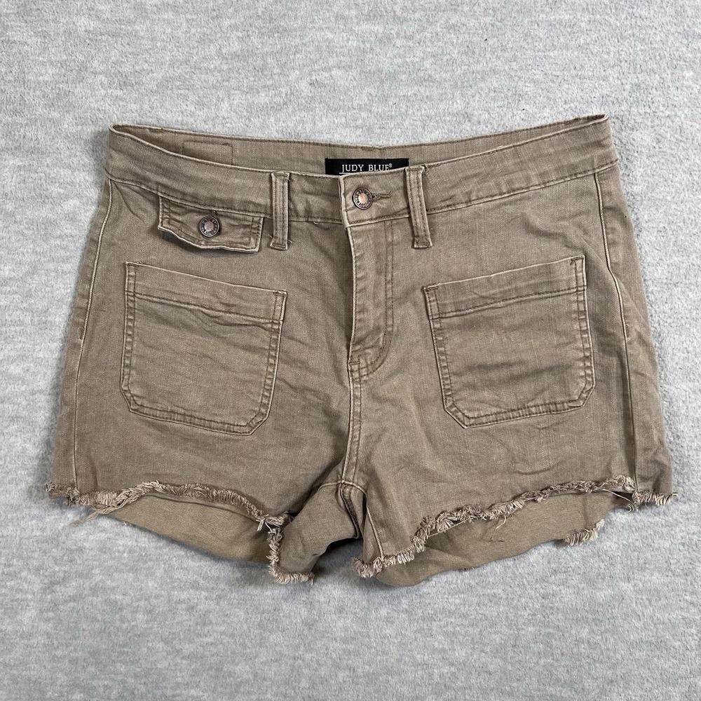 Judy Blue Women's Size 29‎ Cut Off Denim Shorts Frayed Hem Green Olive Pockets